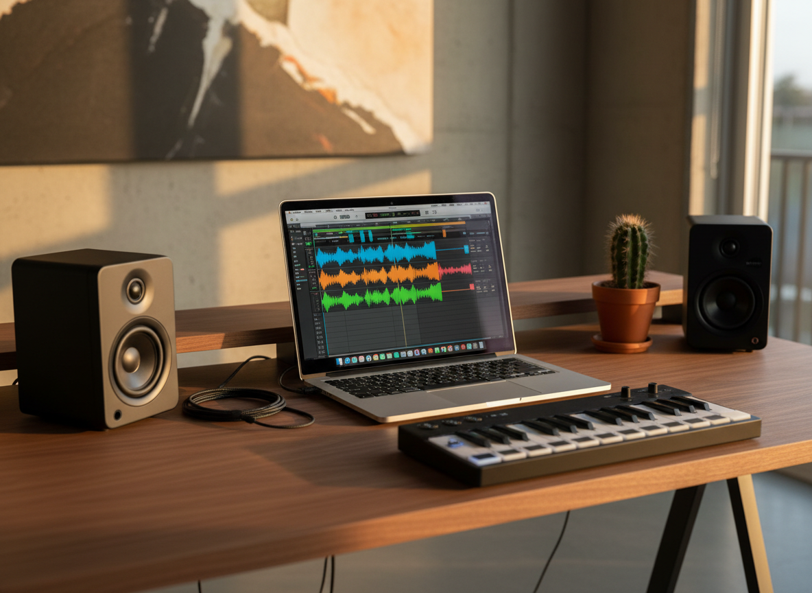 A close-up of a high-end studio desk in a minimalist San Diego loft-style space, featuring a laptop displaying a digital audio workstation with colorful waveform tracks, surrounded by compact black studio monitors and a small MIDI controller with backlit pads. The desk surface is smooth matte walnut, with a few neatly coiled audio cables and a small potted cactus hinting at the coastal location. Late afternoon natural light streams through an unseen window, creating soft, warm highlights on the device edges and subtle reflections on the screen. Photographic realism with a slightly elevated angle and medium depth of field, giving a clean, modern, focused mood that suggests creativity and meticulous music production.
