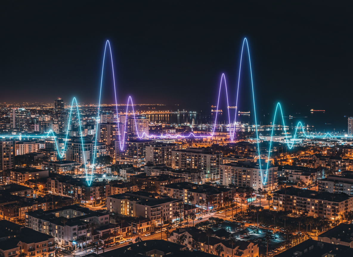 A nighttime aerial view of a coastal cityscape resembling San Diego, with modern mid-rise buildings, palm trees, and a harbor faintly visible in the distance, all subtly overlaid with translucent, colorful audio waveforms that arc across the sky like light trails. Neon blues, purples, and teals blend with the warm amber streetlights, creating a dynamic tech house visual rhythm. The lighting is a mix of city glow and the soft luminescence of the abstract waveforms, casting a futuristic sheen over rooftops. Photographic realism with a wide cinematic composition, sharp focus throughout, and a bold, energetic mood that reflects the urban, coastal origin of the DJ producer’s sound.